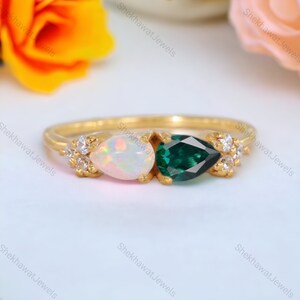 Teardrop Fire Opal Emerald Ring, Unique Stacking Promise Ring, Yellow Gold Art Deco Ring, October Birthstone Jewelry Proposal Gift For Girls