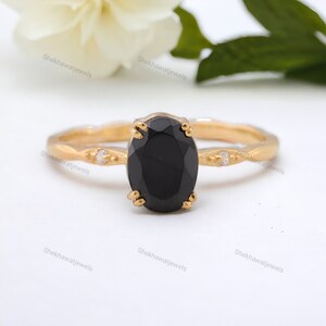 Vintage Black Onyx Engagement Ring Gold Art Deco Promise Ring 14K Yellow Gold Sterling Silver Unique Oval Statement Ring Anniversary Gift