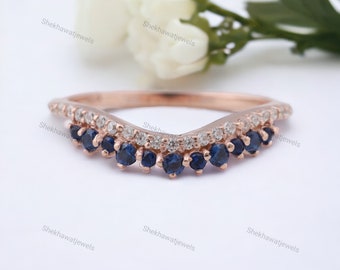 Blue Sapphire Wedding Band 14K Rose Gold Half Eternity Bridal Matching band September Birthstone Anniversary gift For Wife Custom Jewelry