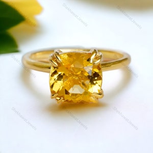 Cushion Citrine Ring, 18K Solid Gold Engagement Ring, Handmade Women Jewelry, Elegant Solitaire Bridal Ring, Simple Valentines Gift For Her