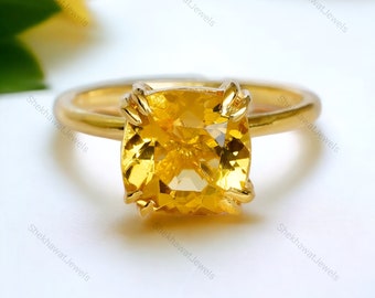 Cushion Citrine Ring, 18K Solid Gold Engagement Ring, Handmade Women Jewelry, Elegant Solitaire Bridal Ring, Simple Valentines Gift For Her