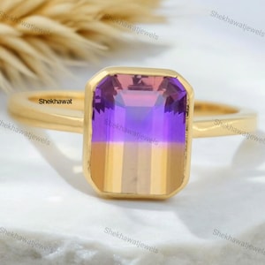 Solitaire Ametrine Engagement Ring Bi Color Gemstone Jewelry 18K Yellow Gold Rings Women Handmade Jewelry Personalized Custom Gold Present
