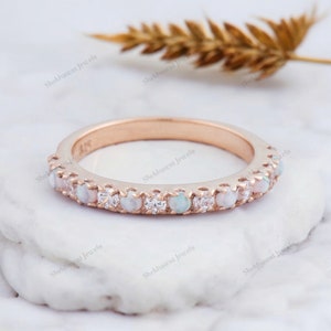 Fire Opal Diamond Wedding Band, Half Eternity Stackable Jewelry, October Birthstone, Personalized Gold Matching band, Promise Birthday Gift