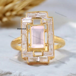 Unique Rose Quartz Wedding Ring 18K Yellow Gold Rings Women&#39;s Handmade Jewelry Pink Gemstone Gifts Personalized Custom Rings Statement Rings