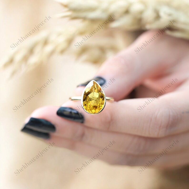 Pear Ceylon Yellow Sapphire Bezel Set Ring November Birthstone Bridal