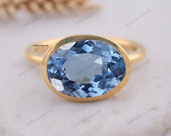 Vintage Sky Blue Aquamarine Solitaire Ring Anniversary Jewelry Large Gemstone Unisex Ring 14k Gold Ring March Birthstone Gift For Husband