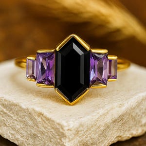 Hexagon cut Black onyx Amethyst ring Unique Rose gold engagement ring Black gemstone  Bezel set ring Vintage Bridal wedding anniversary ring