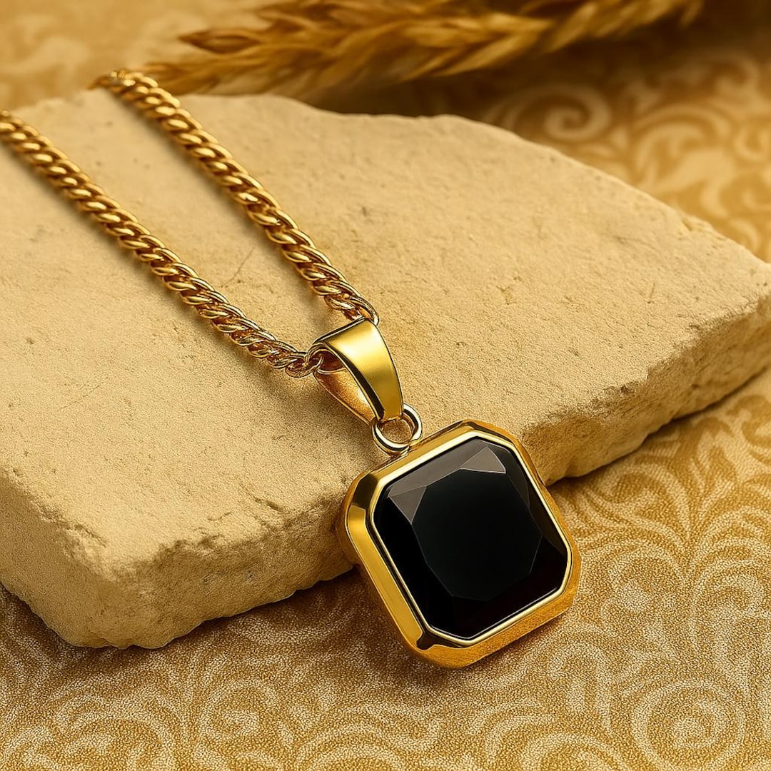18k Gold Black Onyx Pendant Chain Mens Black Stone Pendant Gold