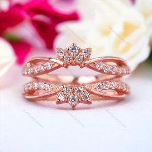 Moissanite Ring Enhancer, Art Deco Jewelry, 14K Rose Gold Engagement Ring Wrap, Delicate Wedding Ring Guard Elegant Statement Gift For Women