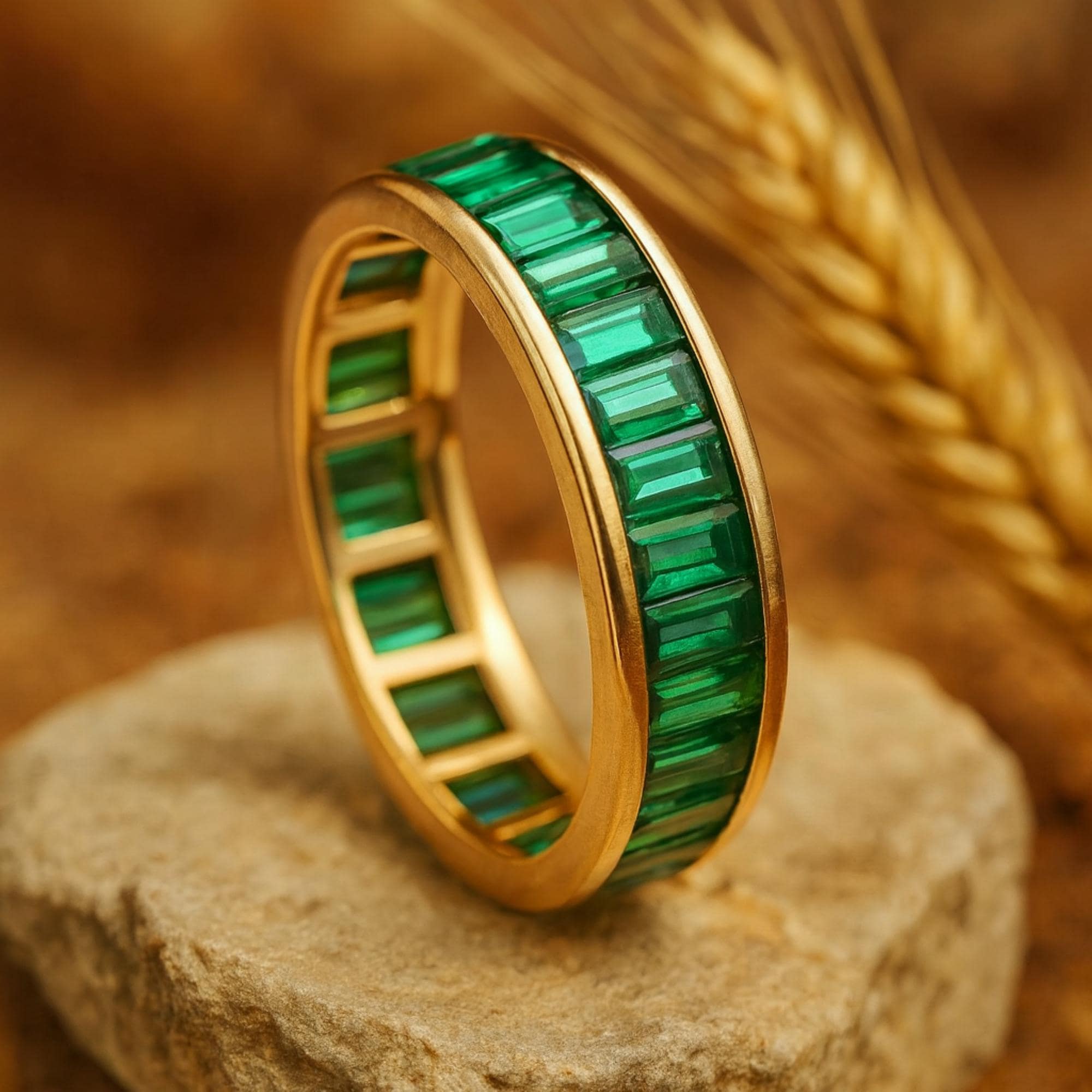 Alliance éternité baguette émeraude en or jaune 14 carats, bijoux fins pour femme, mai, pierre de naissance, parure Chanel, parure de mariée, jonc de pierres précieuses personnalisées