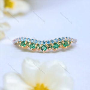 Emerald & Aquamarine Curved Wedding Band, Matching Band, Sterling Silver Band, Valentine&#39;s Gift For Her, Stacking Band