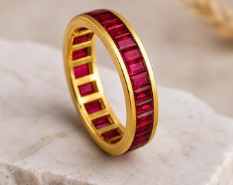 Ruby Eternity Band Ring Gold | Baguette Ruby Wedding Band | July Birthstone Anniversary Ring | Fine Jewelry Gift for Her