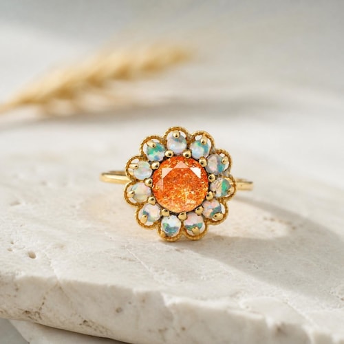 Vintage Sunstone Opal Flower Ring Floral Halo Gold Ring, Boho Statement Jewelry, June Birthstone Gift, Mother’s Day Sale Spring Summer Trend