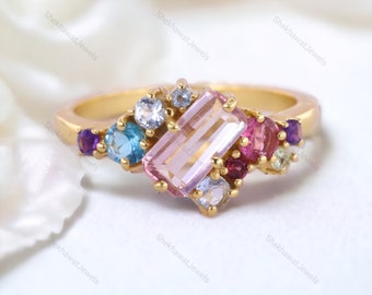 Emerald Cut Pink Sapphire Cluster Ring Multi Gemstone Engagement Ring 18K Yellow Gold Jewelry Art Deco Bridal Ring Anniversary Gift For Wife