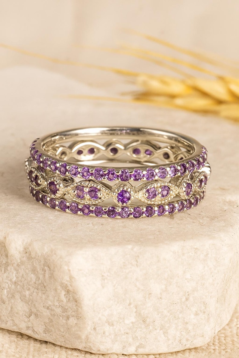 February Rings 3pcs Amethyst Engagement Ring Set Sterling Silver Rings February ...