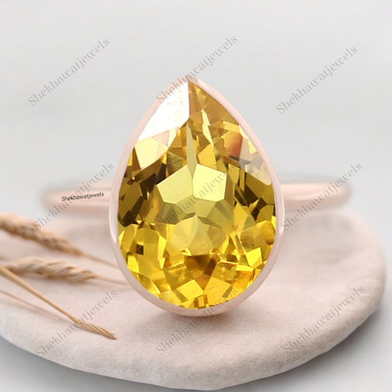 Pear Ceylon Yellow Sapphire Bezel Set Ring November Birthstone Bridal
