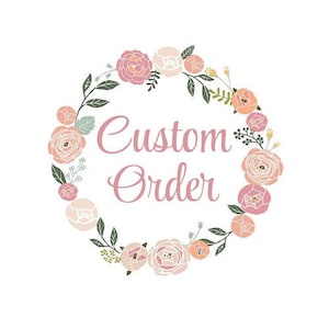 May include: A circular floral design with the words "Custom Order" in a soft pink script. The wreath features pink, peach, and cream-coloured flowers with green leaves, ideal for custom order announcements.