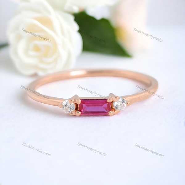 Elegant Baguette Pink Ruby Ring 18K Rose Gold Women Dainty Ring Art deco Bridal Stackable Ring July Birthstone Ring Anniversary gift For Her