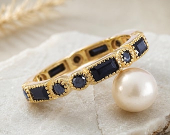 Baguette Black Onyx Full Eternity Band, 18K Solid Gold Wedding Band, Unique Art Deco Jewelry Stackable Bridal Band Anniversary Gift For Wife