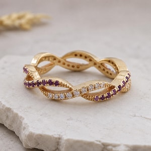 Amethist diamanten trouwring gedraaide stapelband 18 kt geelgouden bruidssieraden geboortesteen februari Black Friday-band kerstcadeaus