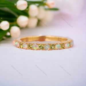 Unique Peridot Opal Wedding Band Half Eternity Band 14k Yellow Gold Band Bridal Band Unique Band Matching Band Green Gemstone, Delicate Band