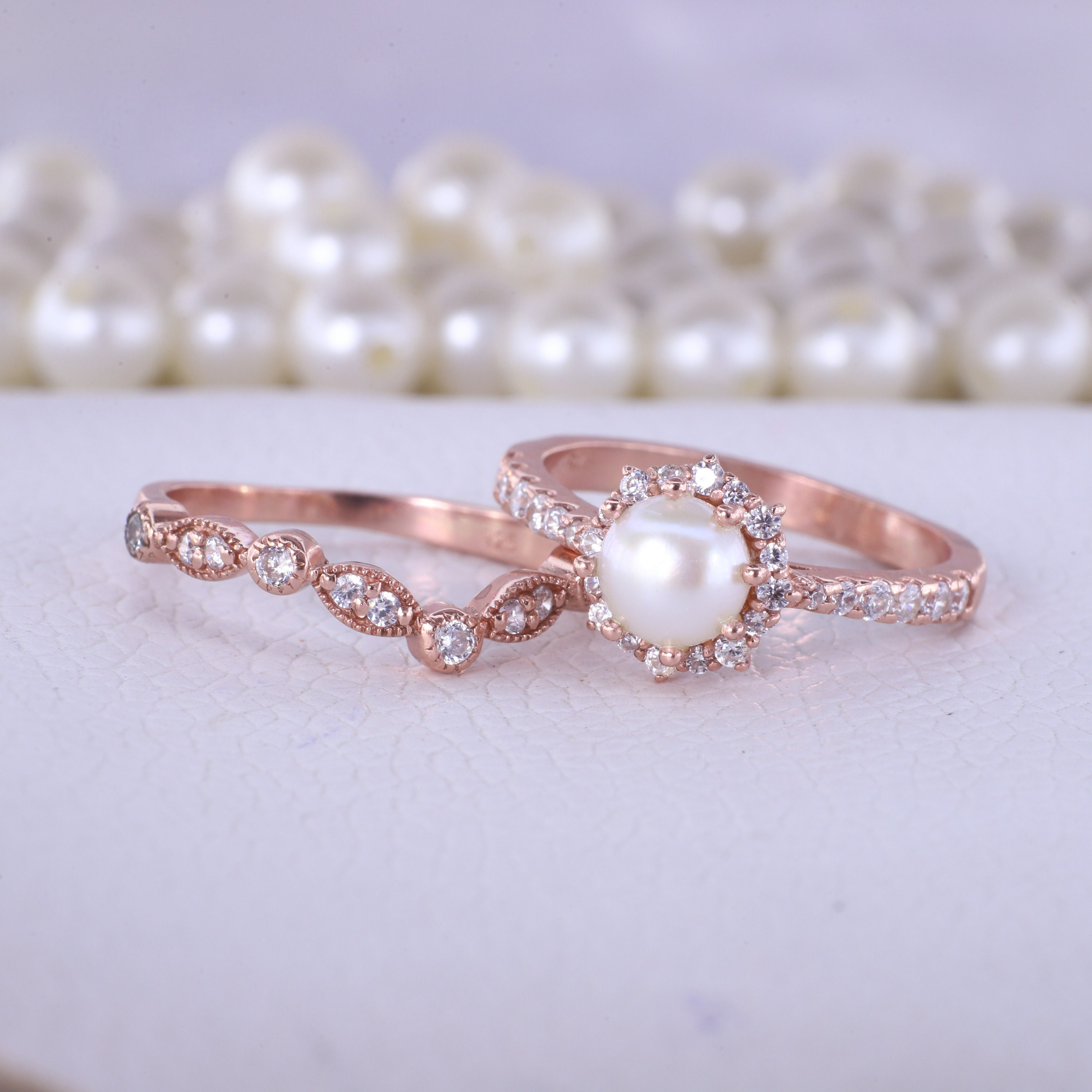 Freshwater Pearl Ring Set, 18K Solid Rose Gold Jewelry, Curved Diamond Band, Delicate Art Deco Bridal Set, Simple Anniversary Gift For Wife