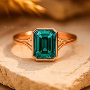 Emerald Cut Teal Sapphire Engagement Ring 14k Gold Promise Emerald Moissanite Anniversary Ring Personalized Gifts Customised Rings