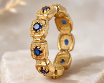 Vintage Sapphire Wedding Band Unique Art Deco Gold Band 18K Yellow Gold Jewelry Antique Handmade Rings September Birthstone Statement Rings