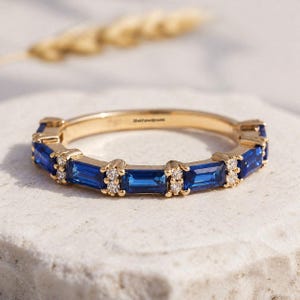 Baguetteslipad safirarmband i massivt gult guld, pläterade smycken, födelsesten i september, jubileumspresent till fru, Black Friday-rea, julklapp