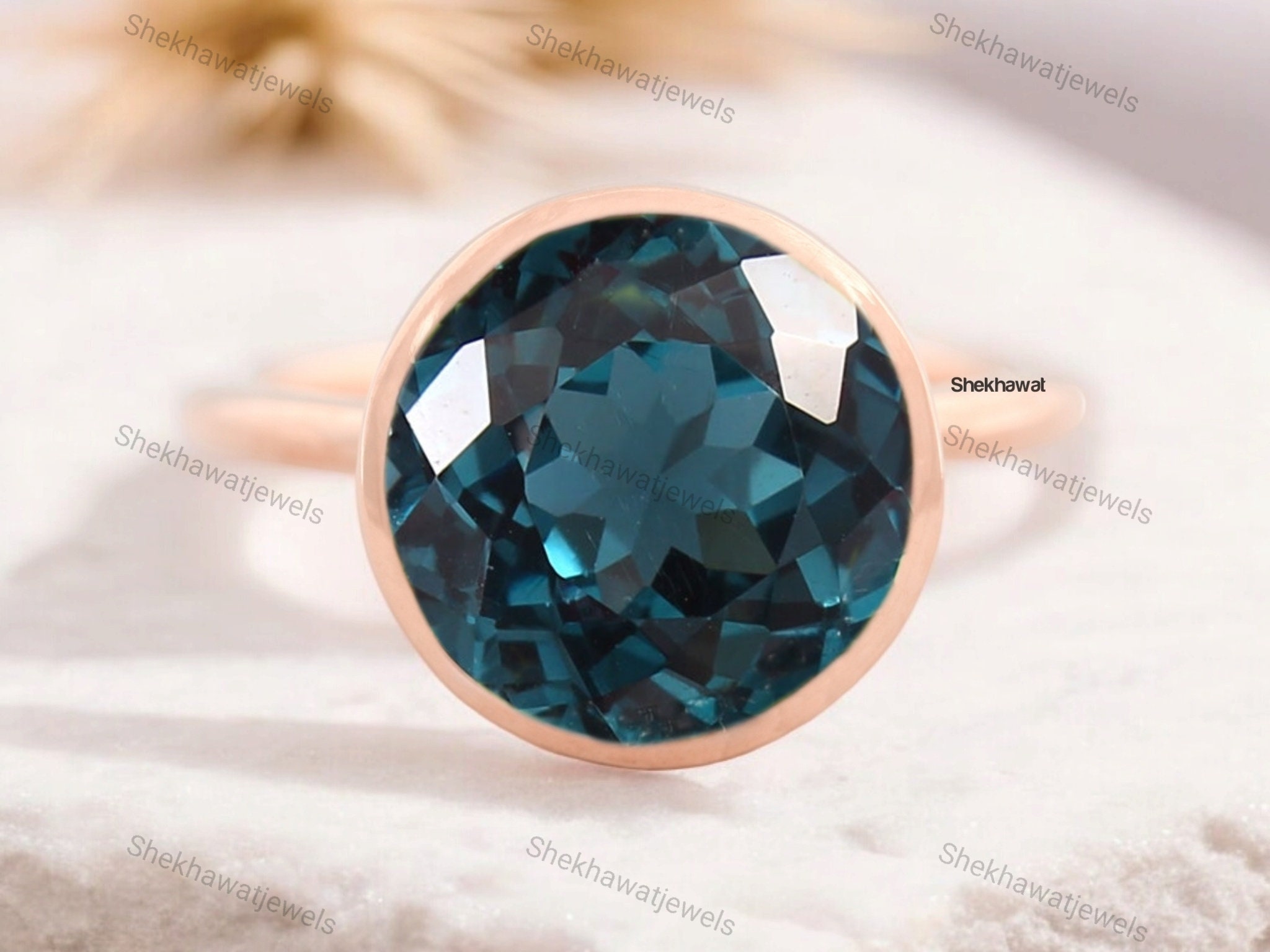 Flawless Blue Green Tourmaline Loose Round Gemstone Cut Solitaire Gold Bridal Presents 14K Yellow Gold Ring Customized Anniversary Gifts