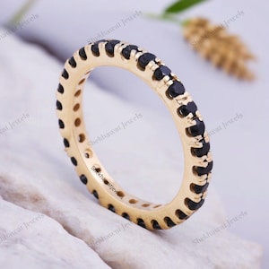 Black Onyx Full Eternity Band, Delicate Band, 14K Yellow Gold Band, Stacking Band, Black Band, Wedding Band, Matching Band, Art Deco Band