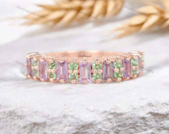 Alliance alexandrite péridot en or rose massif pour femmes, bijoux faits main, cadeaux de pierre de naissance de juin, cadeaux de Noël en or, pierre précieuse violette