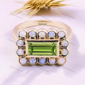 Vintage Opal Halo Peridot Engagement Ring Baguette Cut Gemstone Ring Alternative Fine Jewelry October Birthstone Gift Customized Gold Rings