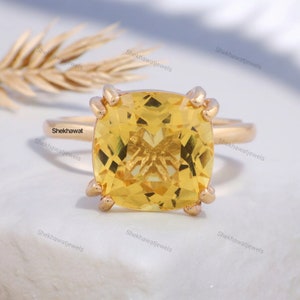 Cushion Citrine Ring, 18K Solid Gold Engagement Ring, Handmade Women Jewelry, Elegant Solitaire Bridal Ring, Simple Valentines Gift For Her