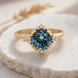 Groenblauwe saffierring 925 sterlingzilveren ring Eenvoudige ring ronde steen steen september geboortesteen ring jubileumcadeau Black Friday Sale-ring