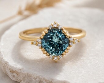 Teal Sapphire Ring 925 Sterling Silver Ring Simple Ring Round Shape Stone September Birthstone Ring Anniversary Gift Black Friday Sale Ring