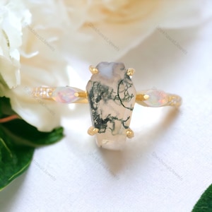 Coffin Shape Moss Agate Ring, 10K Yellow Gold Opal Wedding Ring Antique Statement Ring Aquatic Agate Jewelry Valentines Day Gift For Girls