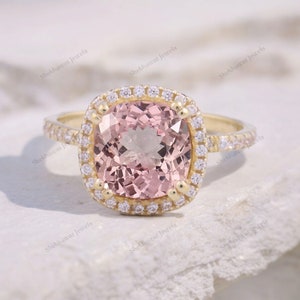 Cushion Cut Morganite Ring- 14K Rose Gold Promise Morganite Engagement Ring Bridal Ring Peach Gemstone Personalized Anniversary Gift For Her
