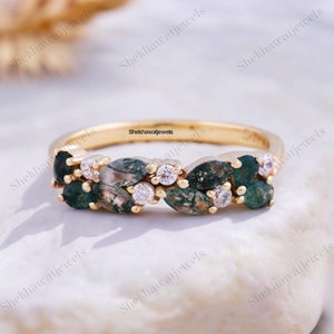 Moss Agate Cluster Wedding Band Bridal Moissanite Ring Promise Anniversary Matching Ring Unique Jewelry Half Eternity Band Gift For Love