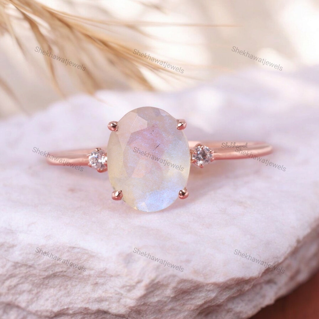 Moonstone Engagement Ring, Rainbow Moonstone Jewelry, Handmade Birthday ...