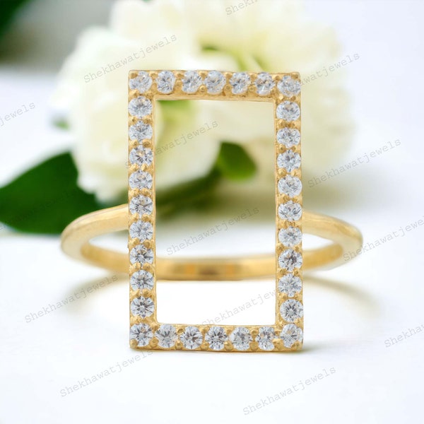 Geometry Box Ring 14K Yellow Gold Ring Rectangular Shape Open CZ Diamond Ring Simulated Diamond Box Ring Personalized Jewelry Gift For Her