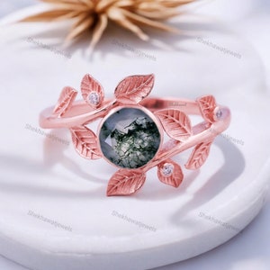 Art Deco Leaf Rose Gold Moss Agate Engagement Ring Nature Inspired Gold Promise Ring Green Gemstone Branch Bridal Ring Jewelry Gift For Love