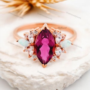Vintage Ruby Opal Engagement Ring Delicate Art Deco Jewelry Promise Anniversary Ring For Wife Statement Personalized Gold Rings Gift For Her