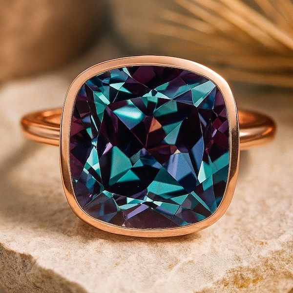 Anillo de alejandrita - Anillo de piedra preciosa de talla cojín - Piedra preciosa solitaria - Anillo de aniversario para esposa - Piedra natal de junio - Regalos de Navidad