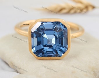 Ceylon Blue Sapphire Engagement Ring 18KYellow Gold Ring Asscher Cut Gemstone Jewelry Customized Birthday Present Solitaire Anniversary Ring