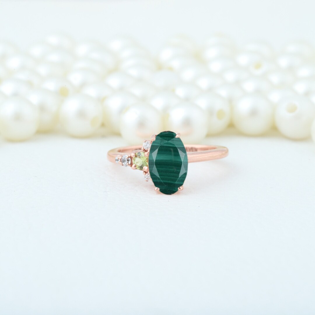 Natural Malachite Engagement Ring Unique Art Deco Peridot Etsy