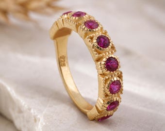 Vintage Ruby Wedding Band 18K Yellow Gold Band July Birthstone Gifts Stacking Gemstone Anniversary Band Pink Gemstone Promise Black Friday