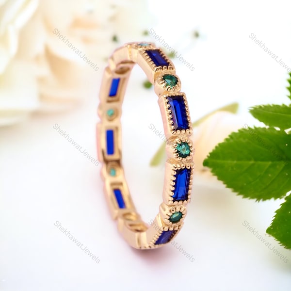 Sapphire Emerald Band, Full Eternity Band, Wedding Band, 14k Rose Gold Band, Women's Band, Baguette Shape Stone, Anniversary Gift For Her