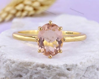 Oval Morganite Engagement Ring Solitaire Gemstone Bridal Gift 14K Yellow Gold Ring Anniversary Ring For Wife Peach Color Minimalist Gemstone
