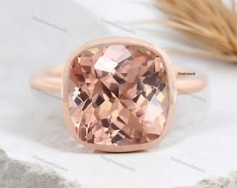Morganite Ring Cushion Cut Gold, Bezel Set Engagement Ring, Pink Gemstone Ring, Minimalist Bridal Ring, Gift for Her